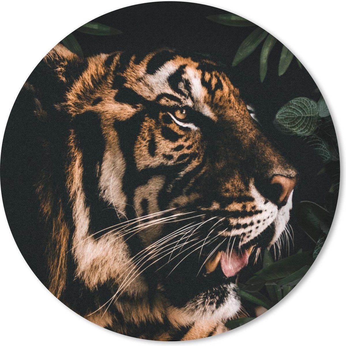 Muismat rond 40x40 cm - Mousepad Tijger - Bladeren - Dier - Ronde muismatten
