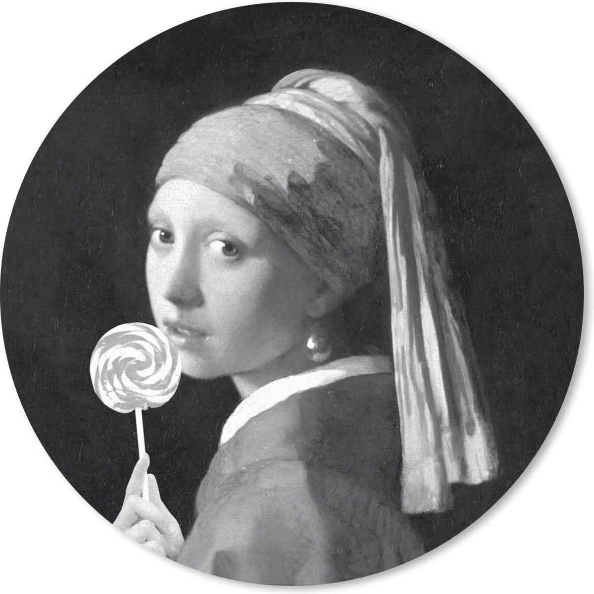 Muismat rond 40x40 cm - Mousepad Het meisje met de parel - Johannes Vermeer - Zwart - Wit - Ronde muismatten