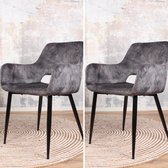 DS4U® Lenon eetkamerstoel - armstoel - stoel  - met armleuning - velvet - velours - fluweel - stof - donkergrijs - set van 2