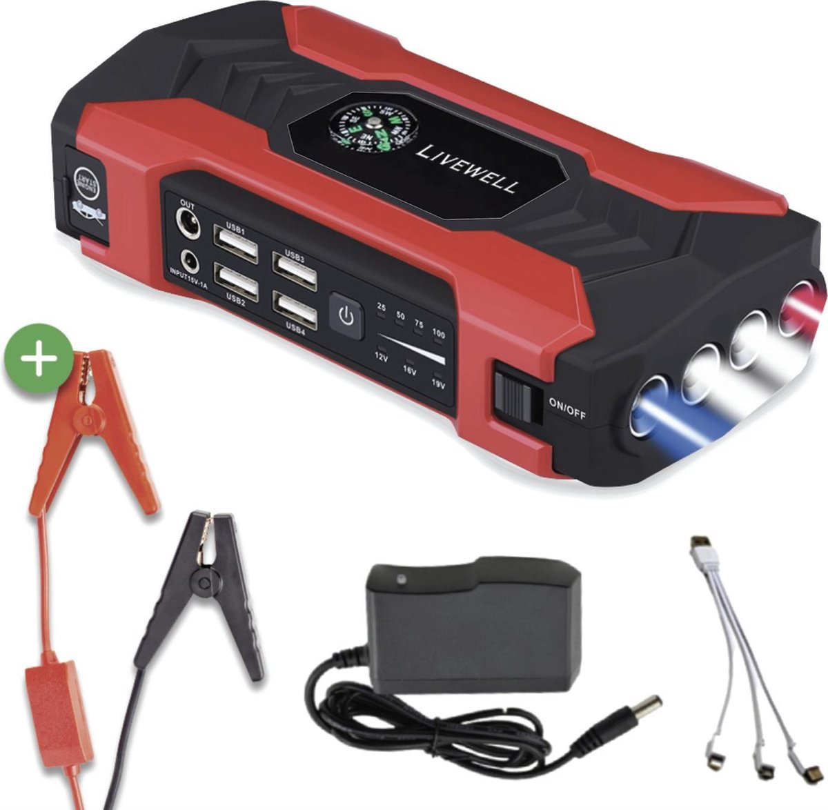 Livewell Jumpstarter auto met Lifehammer en LED verlichting 12-19V - 4 USB  5V/2.4A