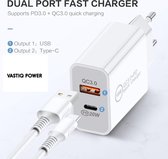 VASTIQ POWER®| 20W Snellader + 2 Meter USB-Lightning Kabel | USB-C en USB in 1 | Adapter | Oplader | Geschikt voor o.a. Apple en Samsung