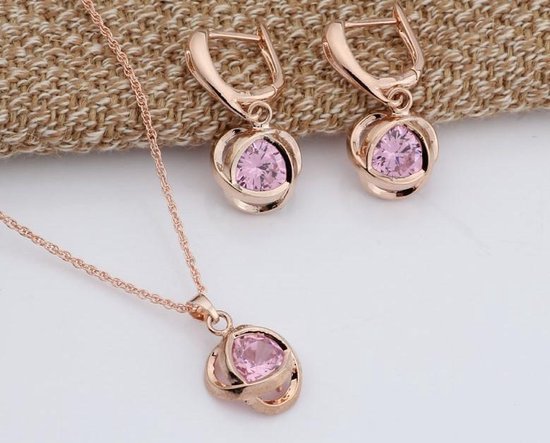 Set de Bijoux dames | collier avec pendentif | Boucles d'oreilles | plaqué or rose | Plaqué Or Rose - Pierres Violettes