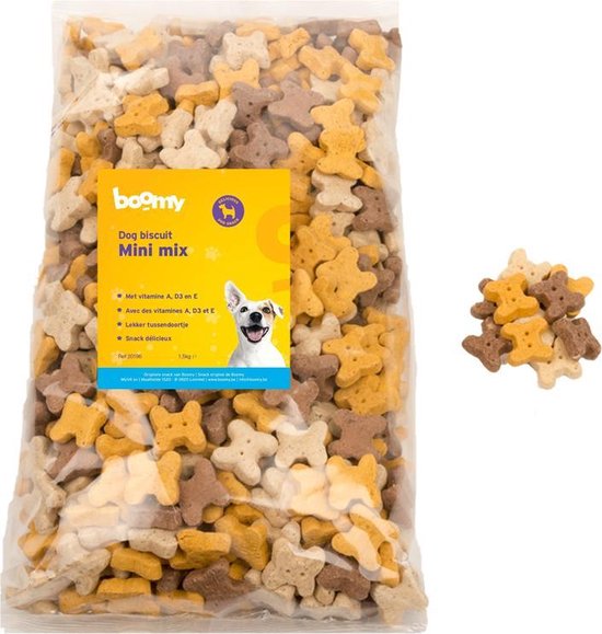 Grote zak boomy mini mix hondenkoekjes in de kleuren bruin, geel en beige.