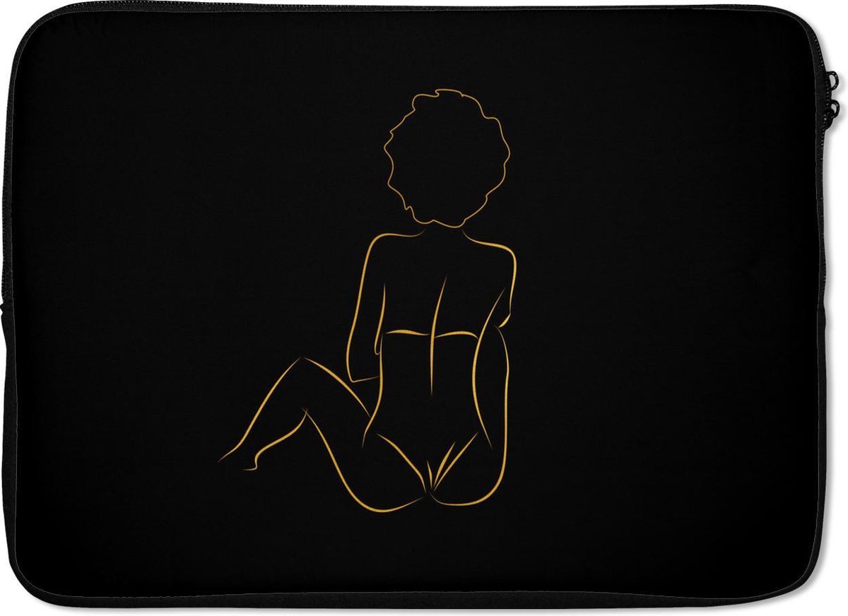 Laptophoes 14 inch - Vrouw - Black - Gold - Line art - Laptop sleeve - Binnenmaat 33x23 cm - Zwarte achterkant