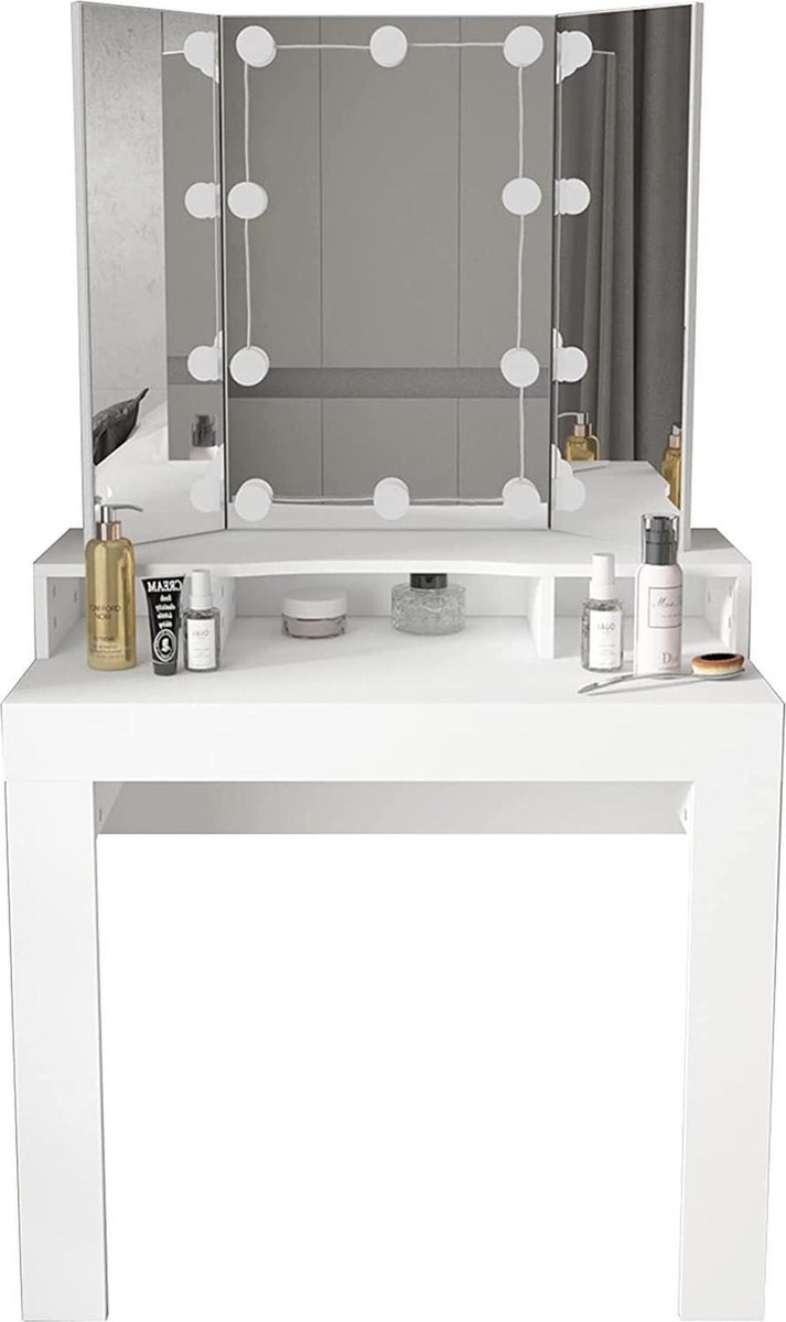 ml-design Monkey's Kaptafel - Make up Tafel Voor Vrouwen - Met Ledverlichting - Wit - Kaptafel Met Spiegel - Lade - 3 Delig - Inklapbaar - Kaptafels - 89,5 x 155 x 43,5 cm
