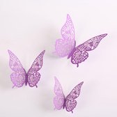 Cake topper decoratie vlinders of muur decoratie met plakkers 12 stuks paars - 3D vlinders - VL-02