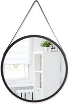 Xaptovi - Spiegel –  Ø40cm – Wandspiegel met leren band – 2 cm dikke rand -Spiegel Rond – Spiegel Zwart Metaal – 40cm Diameter