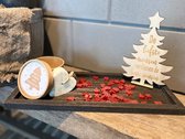 Kerstpakket dienblad zwart -  rode kerstzeepjes (geur) - houten kerstboompje met tekst sierlijk-ster (de liefste mensen verdienen de beste wensen)- Zeepje in doosje met opdruk MERR