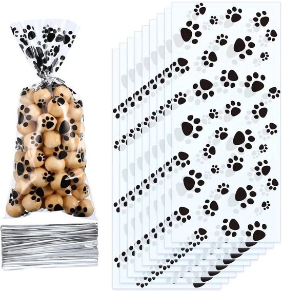 Pak met 50 doorzichtige cellofaan zakjes met honden pootjes - hond - hondenpoot - traktatie - zakje