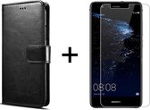 Huawei P10 Plus hoesje bookcase met pasjeshouder zwart wallet portemonnee book case cover - 1x Huawei P10 Plus screenprotector