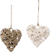 Hart in riet - Decoratie rieten hart - om op te hangen - Wit & Grey-wash - diameter 7 cm -  4 stuks