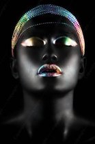 JJ-Art (Canvas) | Afrikaanse vrouw met sieraden en make up in goud, groen, blauw en rood - woonkamer | Gezicht, zwart, modern | Foto-Schilderij print op Canvas (canvas wanddecoratie) | KIES J