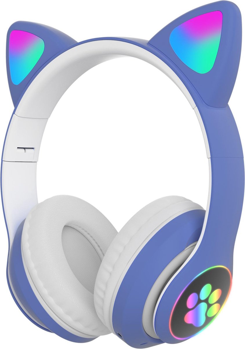 kinder hoofdtelefoon draadloos - Cat Headphone - Draadloze koptelefoon Bluetooth met led kattenoortjes blauw | Koptelefoon voor Kinderen - Met Led Kat Oortjes | met verlichting poot