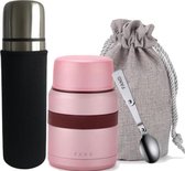 Thermos lunchbox - Lunchpot - Dubbelwandig - 500 ml - Draagzak - Lepel - Roze - Thermosfles