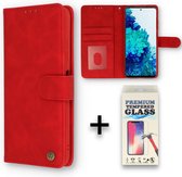 Samsung Galaxy S21 FE Casemania Hoesje Crimson Red & Glazen Screenprotector - Luxe Portemonnee Book Case - Kaarthouder & Magneetlipje