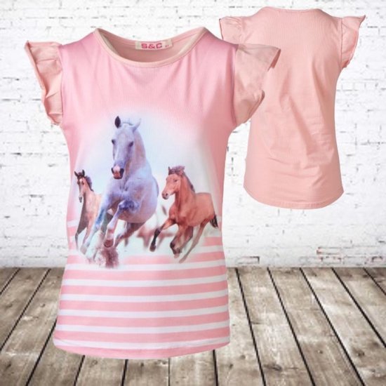 Paarden shirt roze met kapmouw F15 -s&C-86/92-t-shirts meisjes