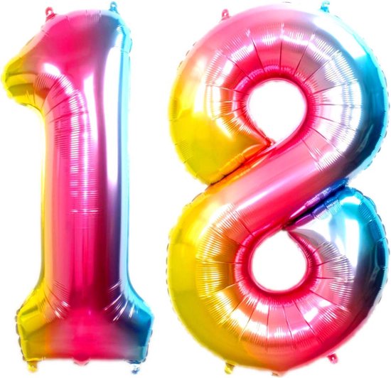 Ballon Cijfer 18 Jaar  Regenboog Verjaardag Versiering Cijfer Helium Ballonnen Regenboog Feest Versiering 36 Cm Met Rietje