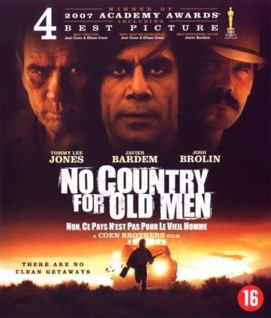 DVD hoes met de gezichten van Tommy Lee Jones, Javier Bardem en Josh Brolin. Titel: NO COUNTRY FOR OLD MEN. Winnaar 2007 Academy Awards.