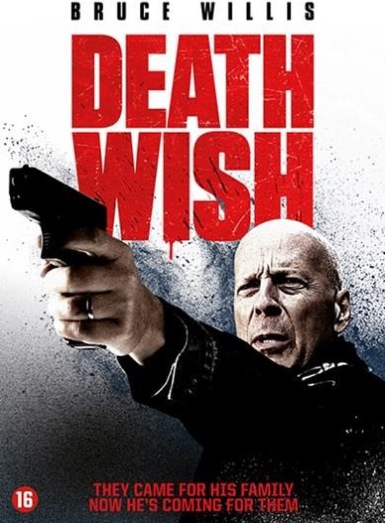 Bruce Willis met een pistool in zijn hand, de titel 'Death Wish' staat erboven.