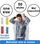 50x stuks vrolijke wegwerp regenponcho voor volwassenen Transparant, Rood, Geel, Blauw