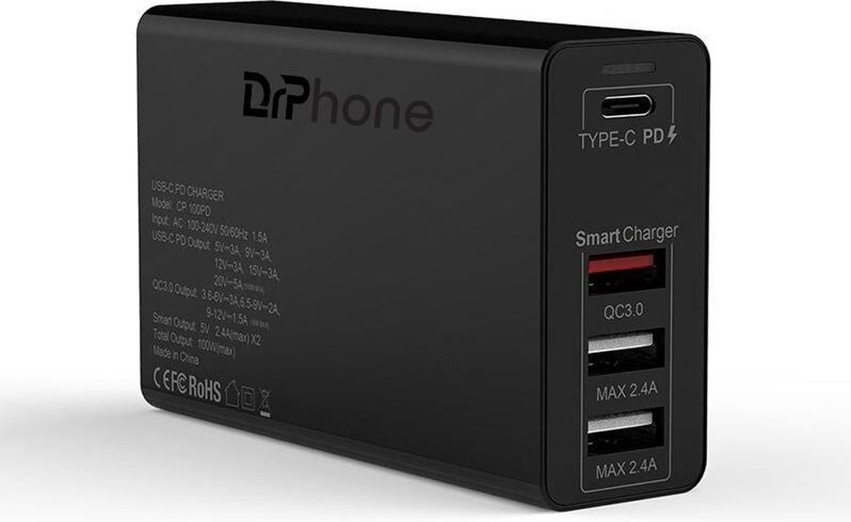 DrPhone WL20 100W 4-Poort USB C Adapter PD 3.0 100W + Qualcom 3.0 & 2.4A - Type C Snelle Oplader voor o.a Smartphones/Tablets /Laptops - DrPhone