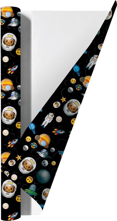 Zwart kaftpapier met space emoji's, raketten, planeten en apen in ruimtepakken.