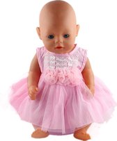 Dolldreams | Poppenkleding - Roze jurkje met streepjes en roosjes - Voor pop tot 43 CM - geschikt voor baby born