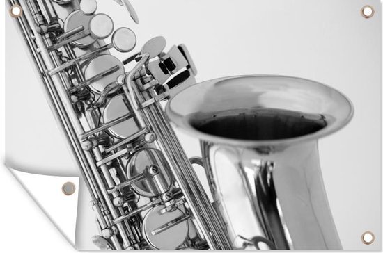Tuindecoratie Close-up van een saxofoon - zwart wit - 60x40 cm - Tuinposter - Tuindoek - Buitenposter