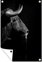 Muurdecoratie Een zwarte stier met hoorns op een zwarte achtergrond - zwart wit - 120x180 cm - Tuinposter - Tuindoek - Buitenposter