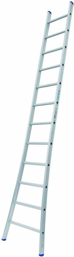 Een zilverkleurige, rechte ladder met 12 sporten en blauwe uiteinden.