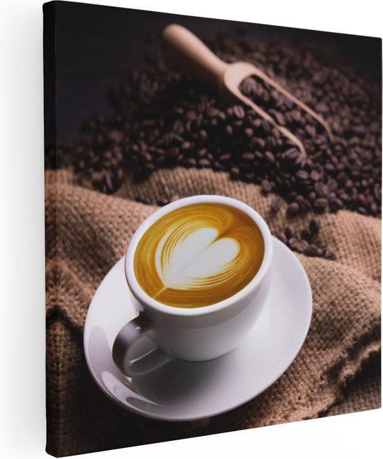 Artaza Canvas Schilderij Kopje Koffie In Een Hartje Met Koffiebonen - 30x30 - Klein - Foto Op Canvas - Canvas Print