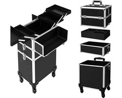 Beautycase / Beautykoffer / Trolley Zwart Kleur gestippeld stijl van Aluminium - Bekleed met een hoge kwaliteit zwart fluweel - 8 wielen - Driedelig - Kapper - Tattoo - Nagel - Visagie - Make-up - Cosmetica - Schmink - Beauty case / Beauty koffer