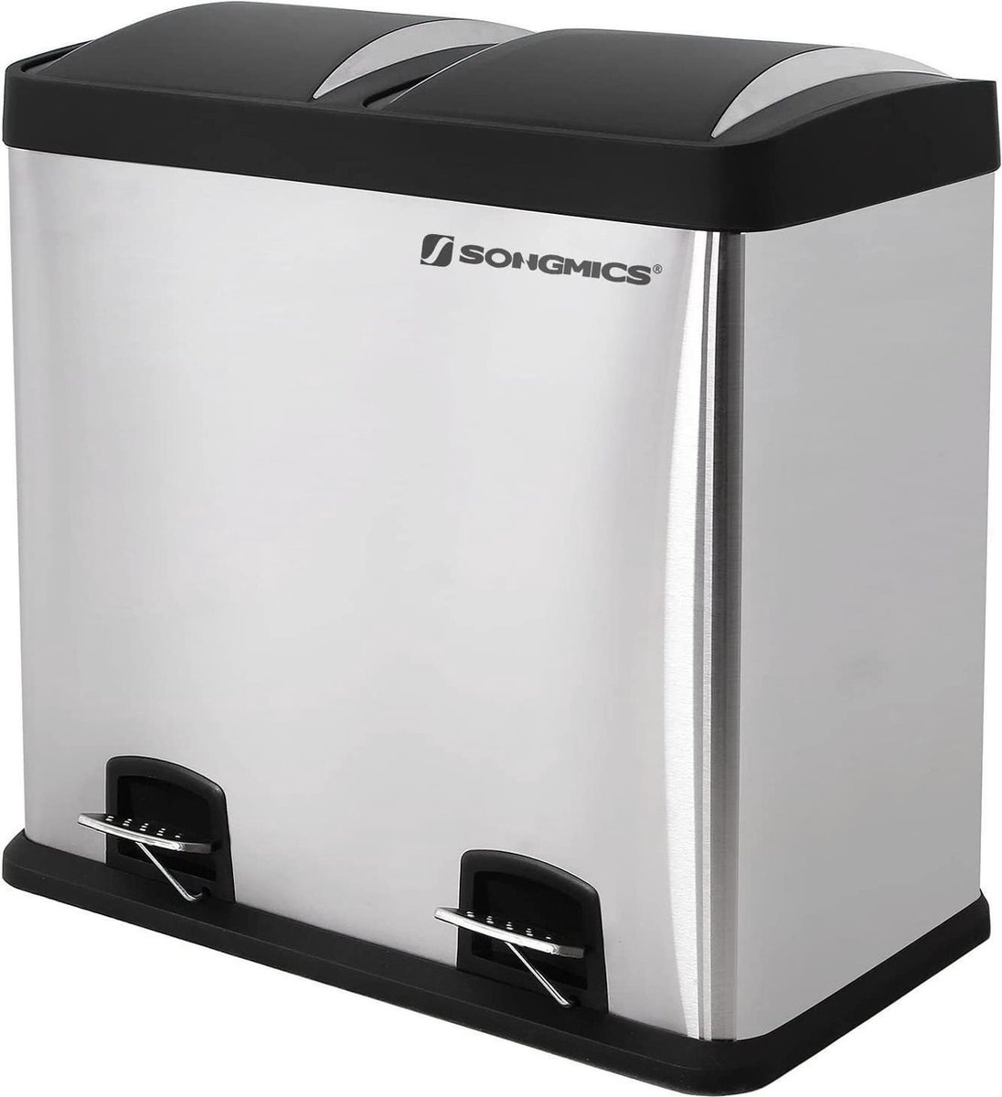 Avalo Poubelle Séparation Déchets 60L Acier Inoxydable - 2 Compartiments 30L Avec Pédales - Argenté
