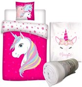 Unicorn Dekbedovertrek Stars - Eenpersoons - 140 x 200 cm - Polyester - roze , incl. Fleece deken Unicorn 130x160