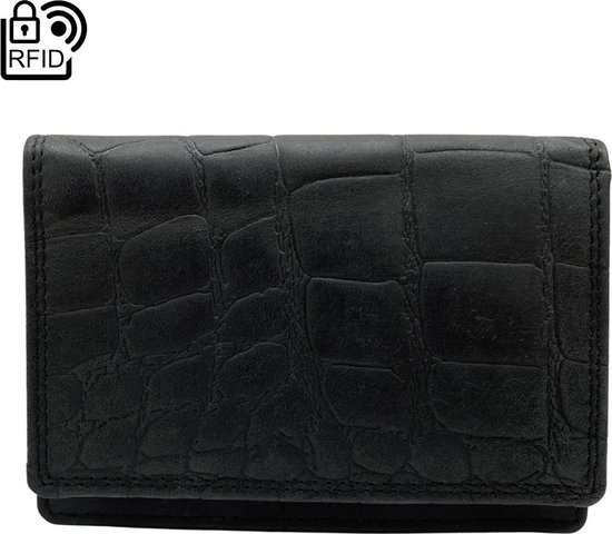 Kleine Leren Portemonnee – Portemonnee dames zwart leer met croco print – Zwarte RFID dames portemonnee