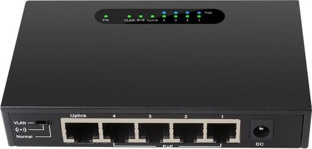 DrPhone PoE S2 - 1000Mbp/s - VLAN POE Switch 5 Poort - 4 POE Poort + 1 Uplink - Ethernet Switch - 30W - 250 Meter Camera systeem