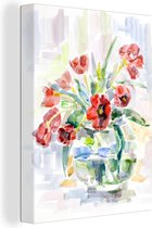 Canvas Schilderij Vaas - Tulpen - Bloemen - Aquarel - 60x80 cm - Wanddecoratie