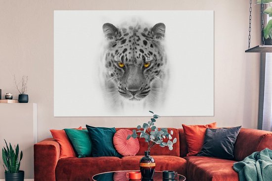 Tableau Toile Léopard - Zwart - Wit - Tête - 150x100 cm - Décoration murale