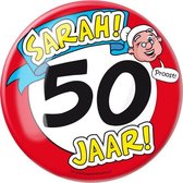 button Sarah! 50 jaar! dames 10 cm staal rood/wit
