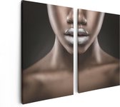 Artaza Canvas Schilderij Tweeluik Zilveren Lippen Van Een Afrikaanse Vrouw - 80x60 - Foto Op Canvas - Canvas Print