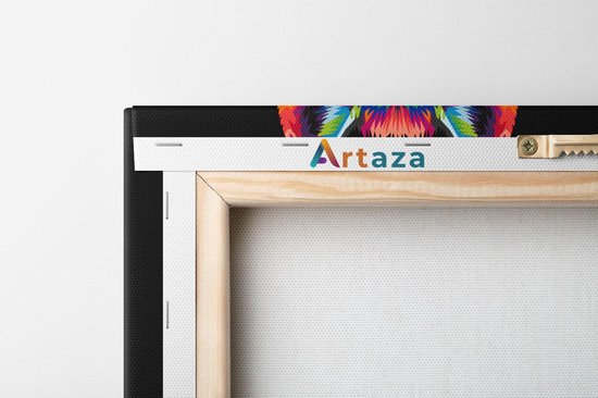 Achterkant van een Artaza canvas schilderij, waarop de houten spieraam en ophanghaak zichtbaar zijn.