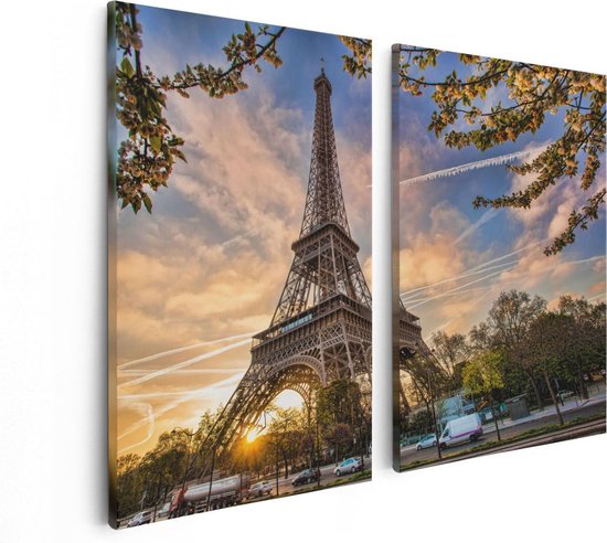 Artaza Canvas Schilderij Tweeluik Eiffeltoren In Parijs Tijdens Zonsondergang - 80x60 - Foto Op Canvas - Canvas Print