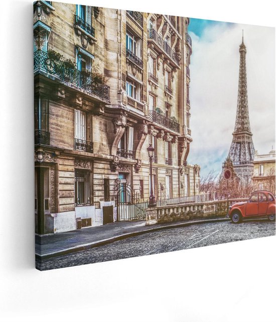 Artaza Canvas Schilderij Eiffeltoren In Parijs Met Een Rode Kever Auto - 100x80 - Groot - Foto Op Canvas - Canvas Print