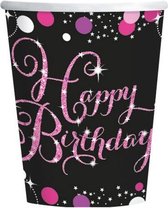 feestbekers Happy Birthday 266 ml 8 stuks zwart/roze