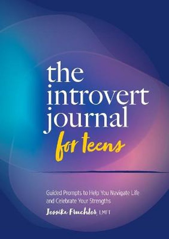 Boekomslag: The Introvert Journal for Teens met paarse en blauwe abstracte vormen en witte tekst.