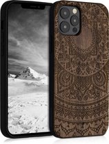 Étui pour téléphone kwmobile compatible avec Apple iPhone 12 / 12 Pro - Étui avec pare-chocs en marron foncé - bois de noyer - design Indian Sun
