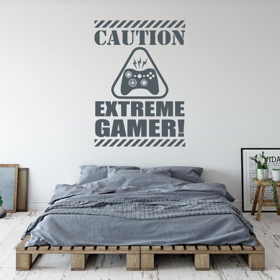 Muursticker Caution Extreme Gamer - Donkergrijs - 65 x 90 cm - baby en kinderkamer - game baby en kinderkamer alle