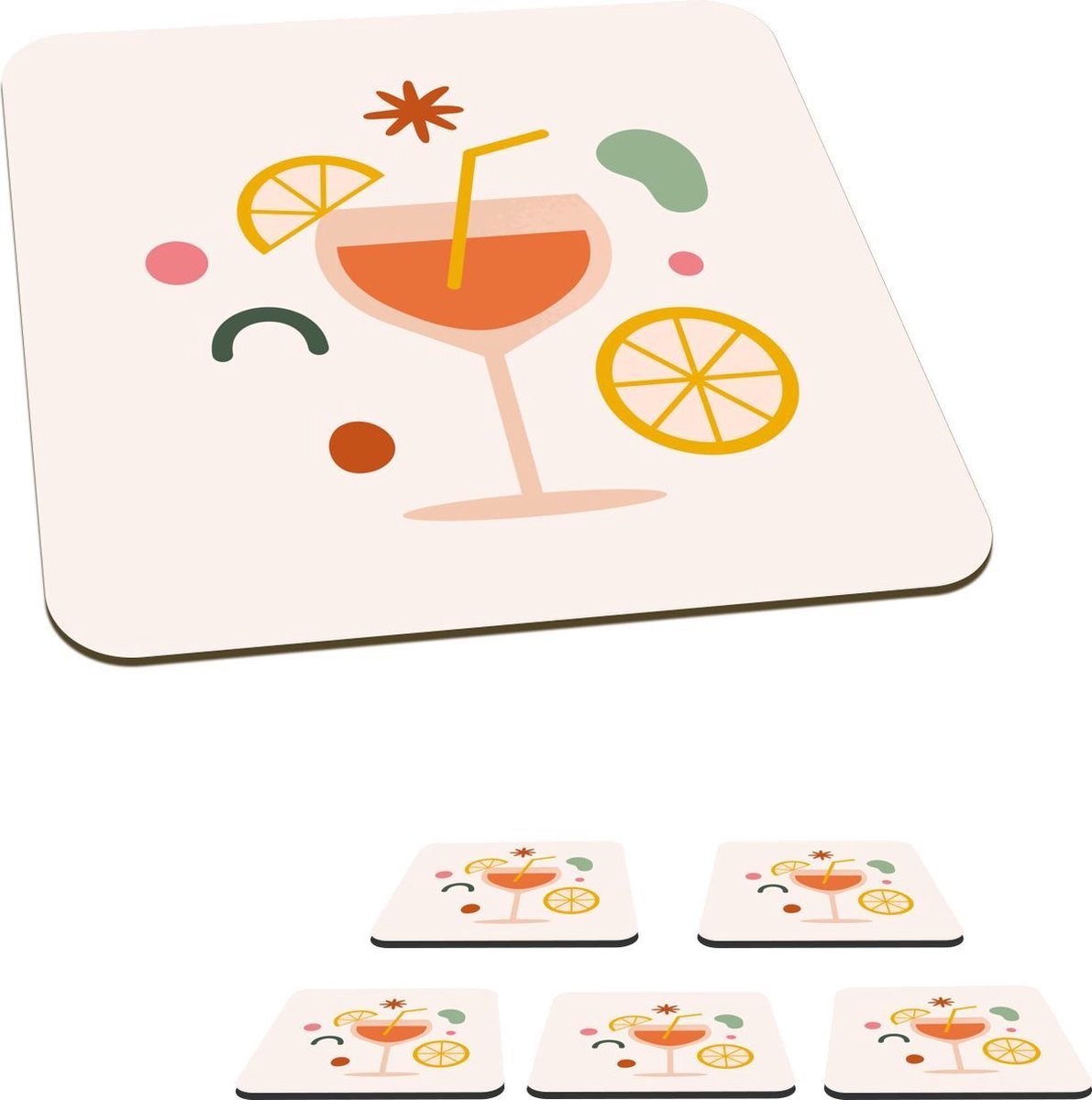 Onderzetters voor glazen - Cocktail - Fruit - Zomer - 10x10 cm - Glasonderzetters - 6 stuks