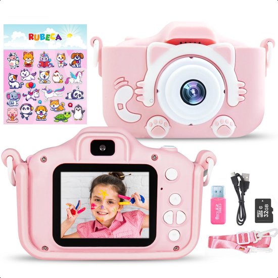 Digitale Kindercamera met 32GB Micro SD Kaart en SD Kaartlezer + Stickervel - Fototoestel voor Kinderen- Nederlandstalig - Roze