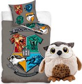 Harry Potter Zweinstein Color Logo- grijs Dekbedovertrek - Eenpersoons - 140x200 cm -katoen- Reversible- kussen 65x65cm, incl. Pluche knuffel Uil 21 cm